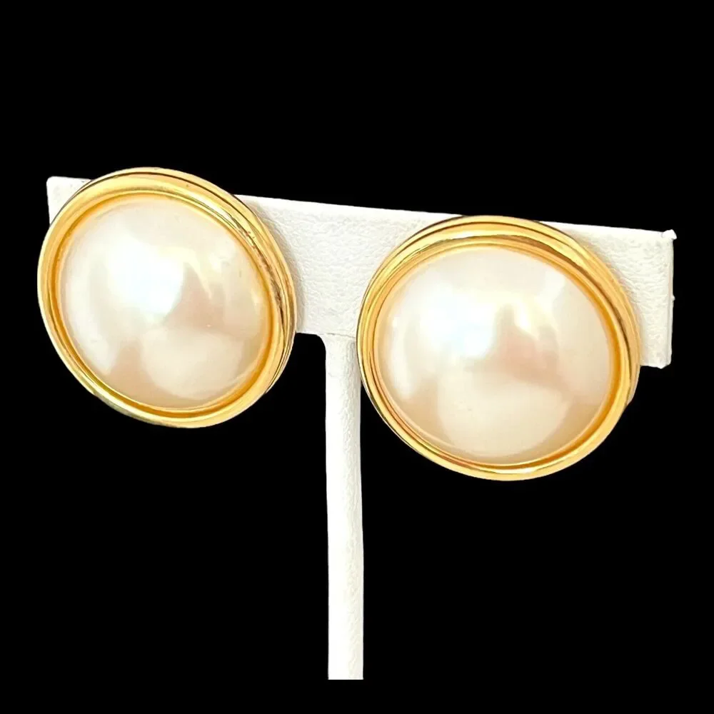 Vintage 1980s Monet Clip Earrings Gold Tone Faux Pearl - 1E